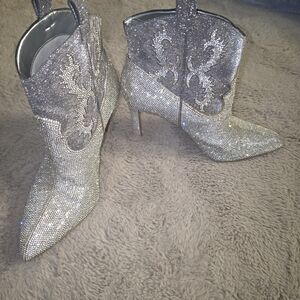 Gianni Bini Silver Crystal Pointed-Toe Stiletto Ankle Boots